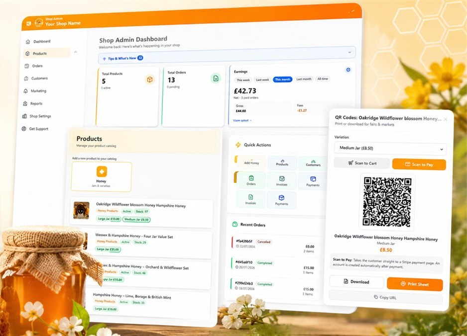 Local Honey shop dashboard, product catalogue and QR payment panel, beside a jar of honey