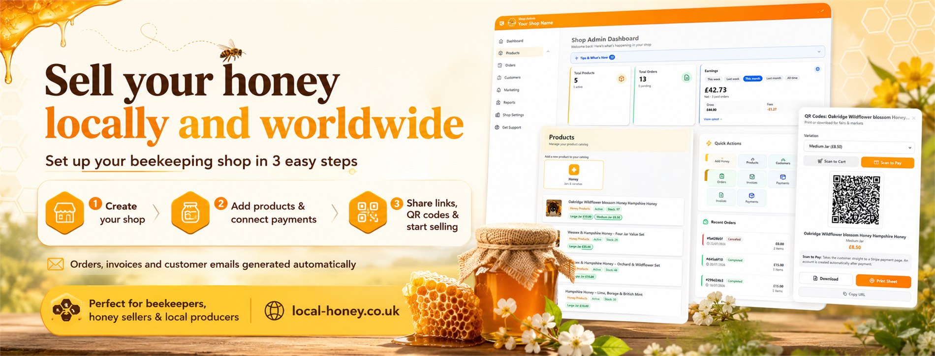Banner: sell your honey locally and worldwide, showing the shop admin and QR code screens