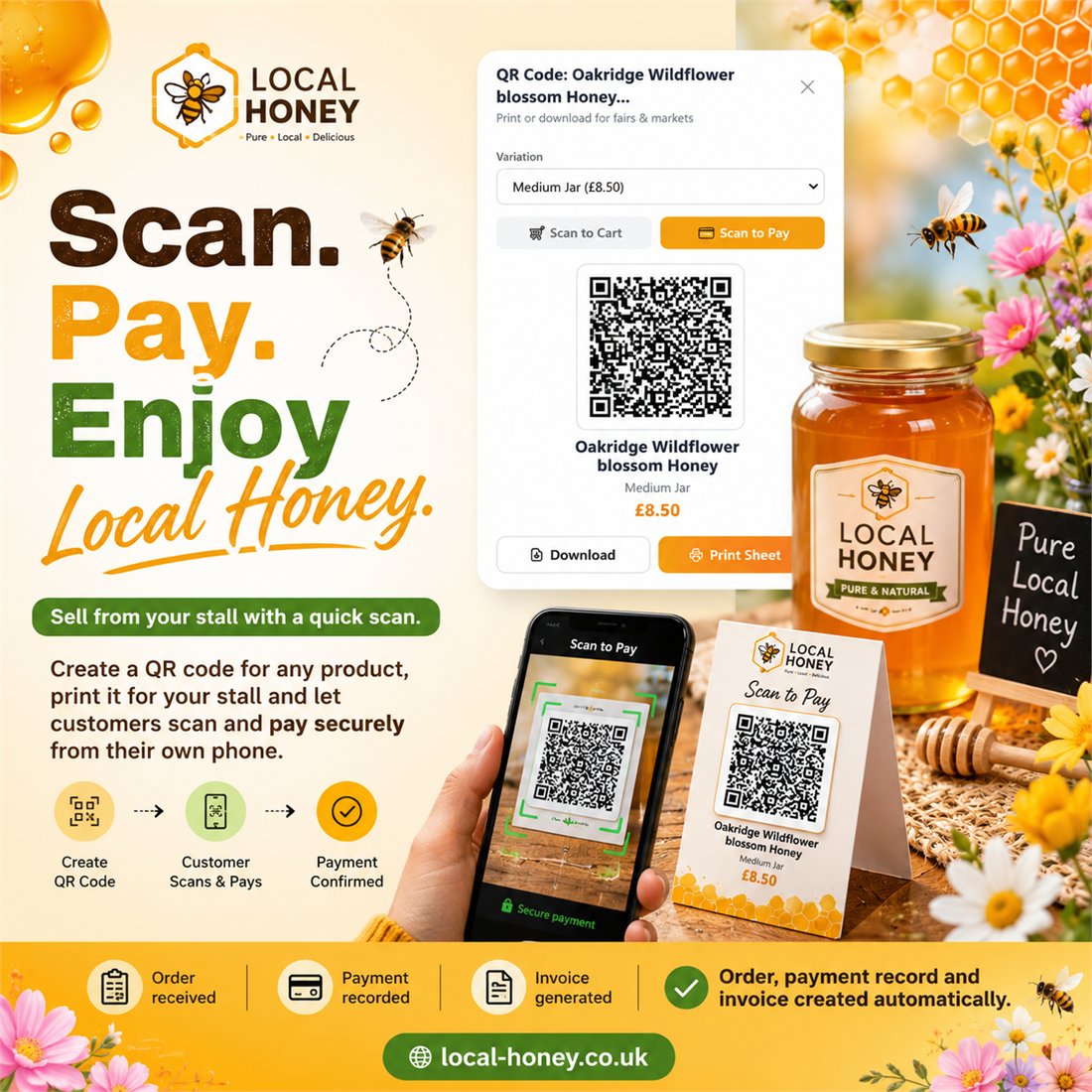 Poster: scan, pay, enjoy local honey, showing a printed QR code being scanned at a market stall