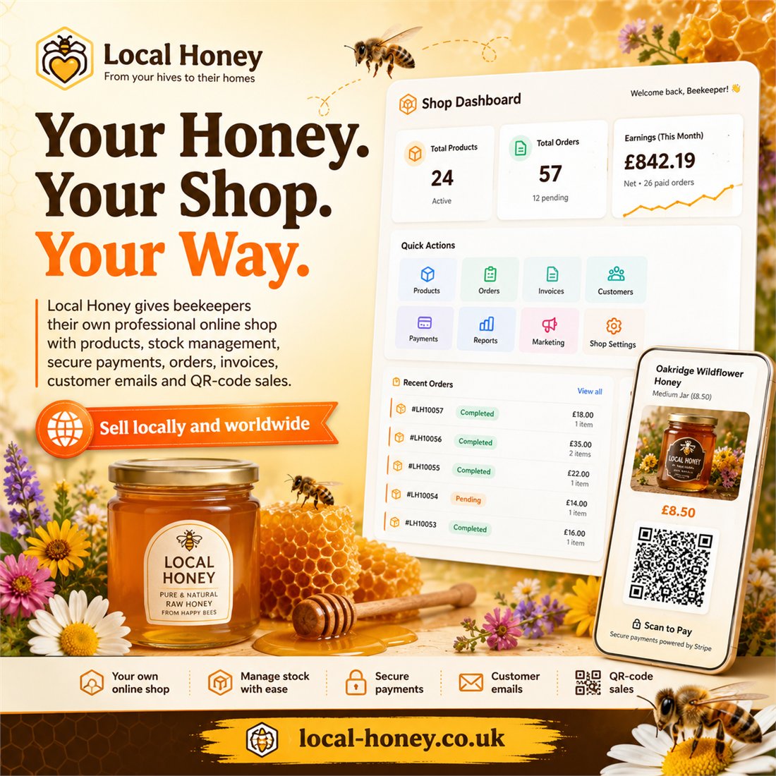 Poster: your honey, your shop, your way, showing the shop dashboard and a scan-to-pay phone