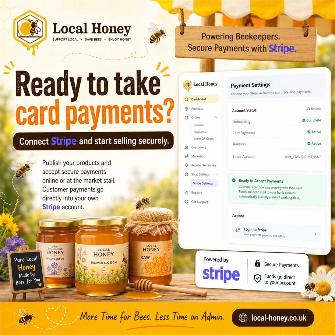 Poster: connect Stripe and start selling securely, showing the payment settings screen
